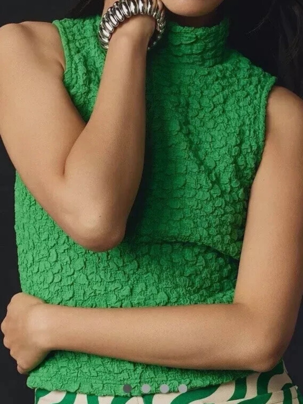 Anthropologie blue tassel brand green popcorn mock neck top nwot XS